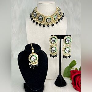 Gorgeous Black Gold Kundan Necklace With Earrings And Tikka Set